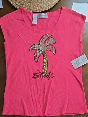 Chadwicks Hot Pink Sequin Palm Tree Cap Sleeve Top Nwt Sz M